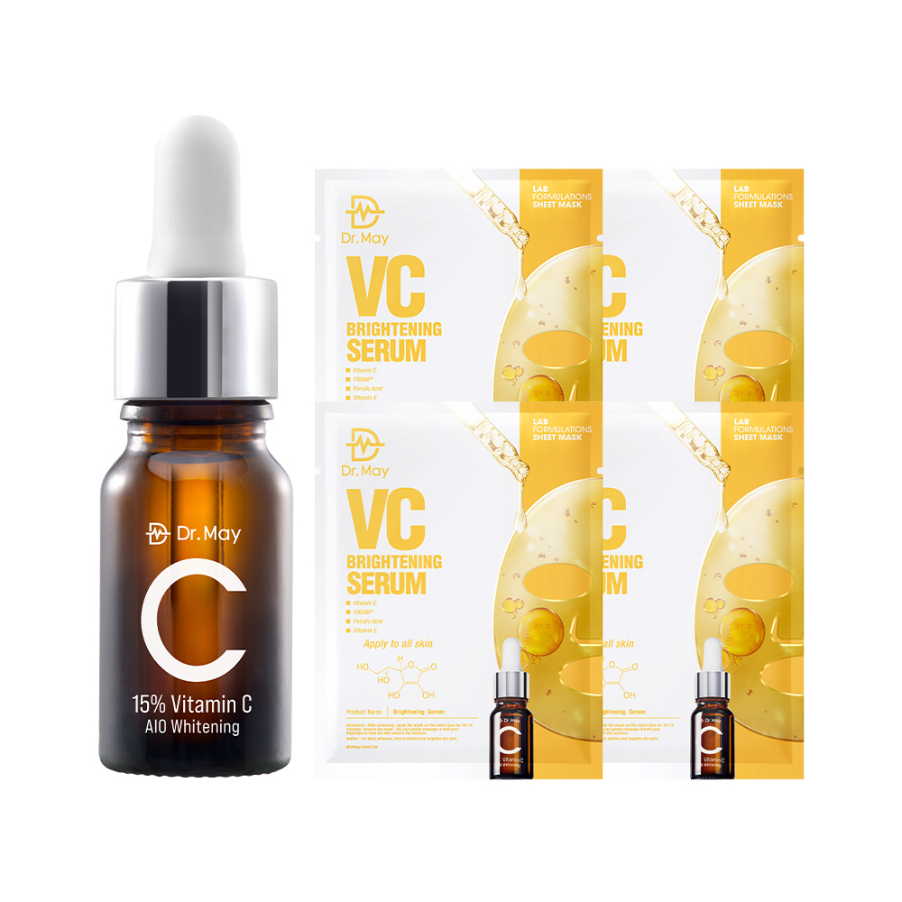 Dr. May】美博士科學維C美白新客推薦組-C15%專業美白精華(10ml)+VC激光美白面膜(4片/盒)