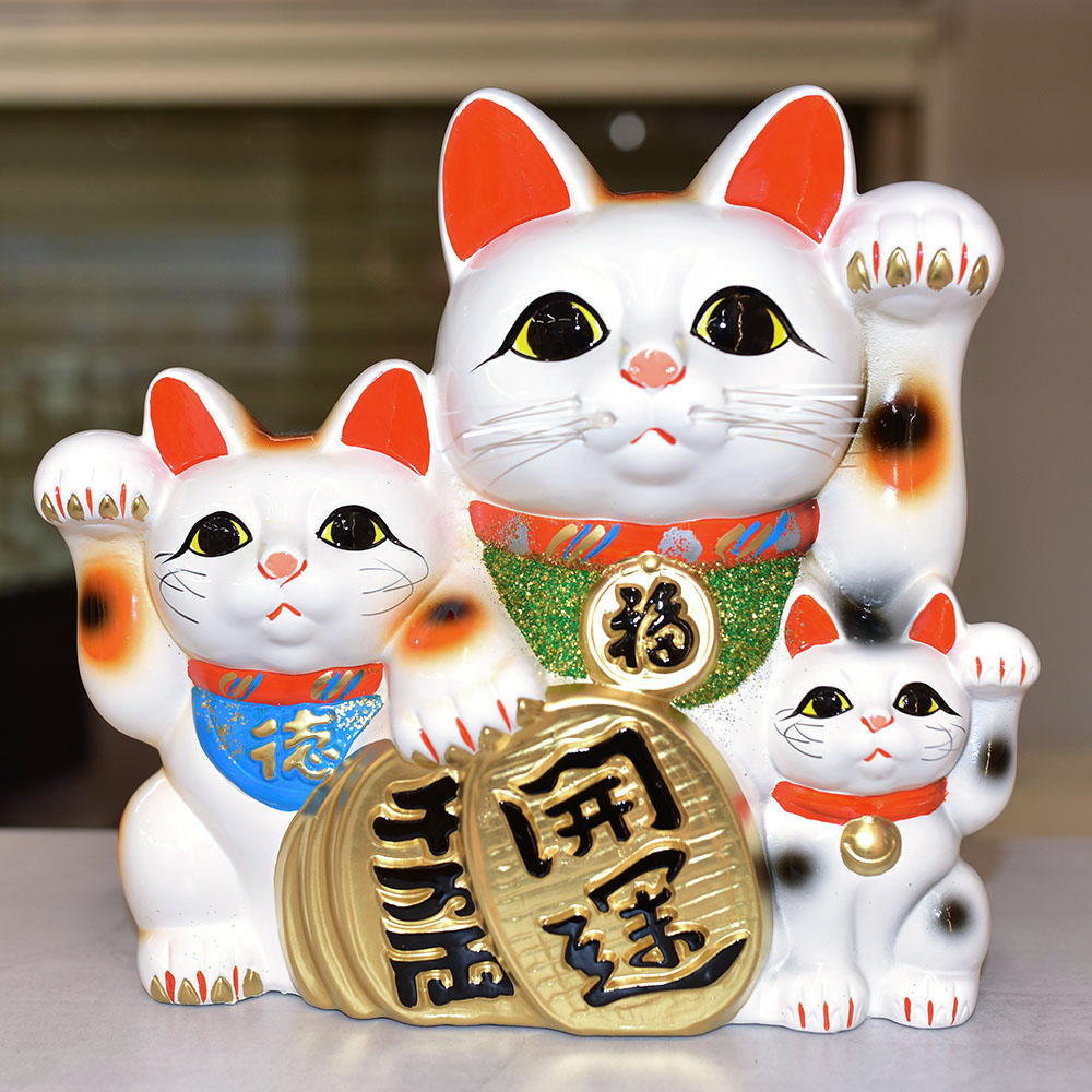 26cm 日本製常滑燒招財貓開運千萬兩福德招財貓三匹貯金箱陶器