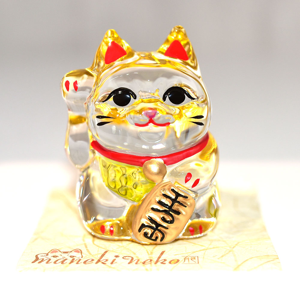 千萬兩招財貓金彩玻璃吉祥物藥師窯日本正版高5.5x6.5x6.5cm 附紙底座