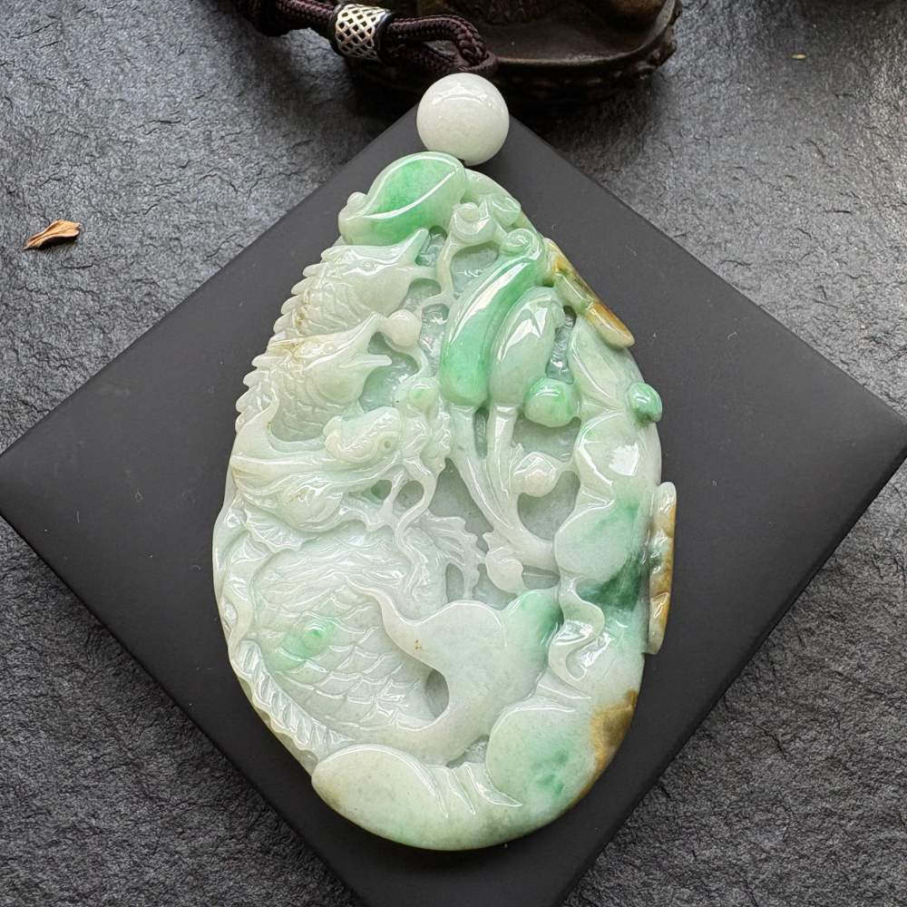 三彩魚躍龍門翡翠吊墜｜躍升騰達・金榜題名・天然緬甸翡翠A貨
