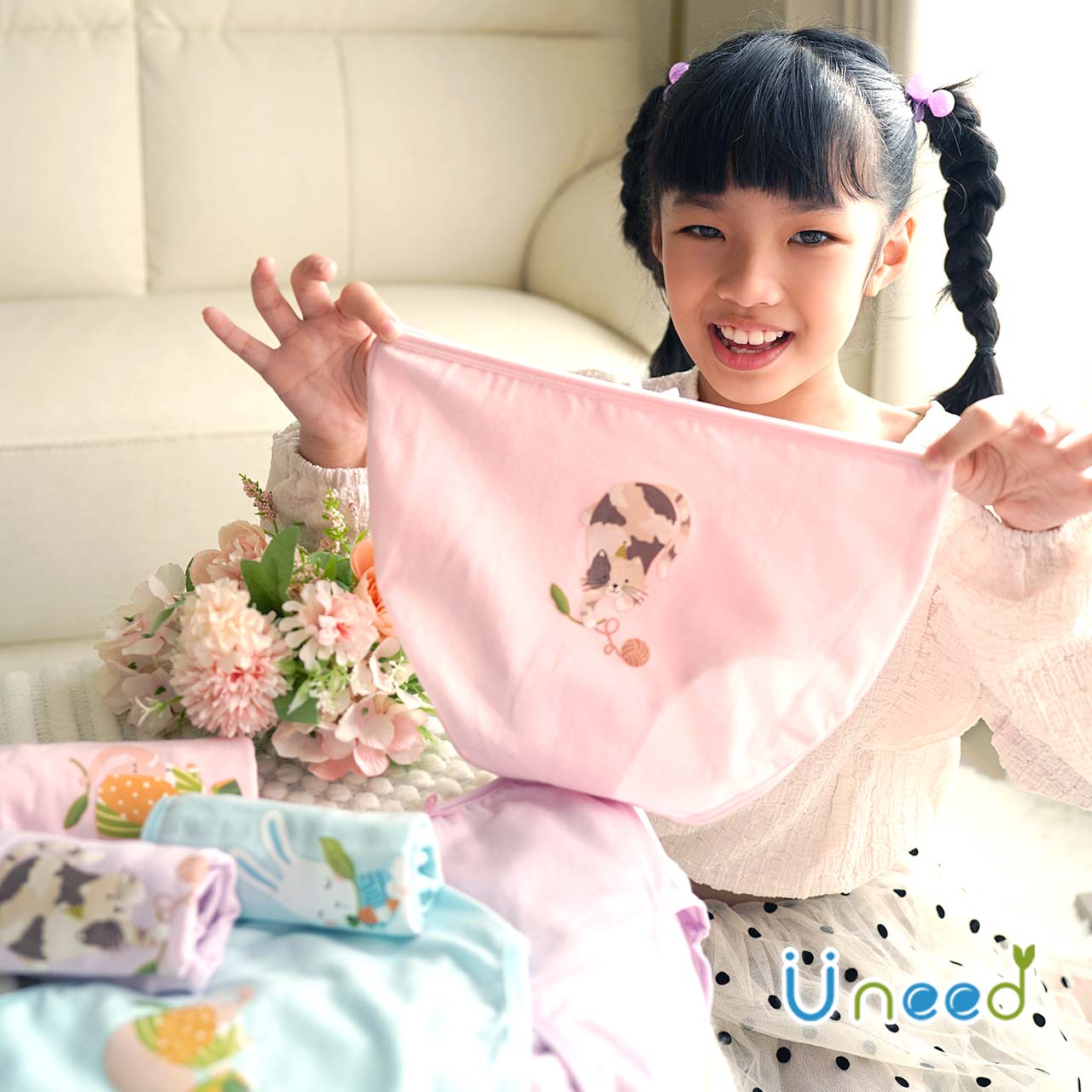 內褲女童 Uneed MIT氧化鋅抗菌女童內褲-粉貓【100cm-140cm】