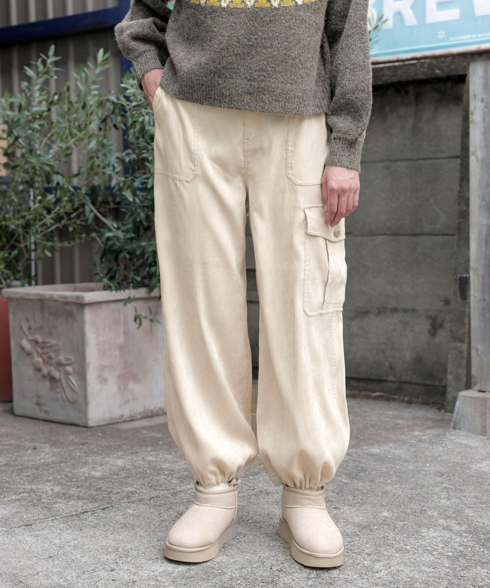 niko and女工裝風光澤毛料感側口袋寬褲長褲-四色-970614