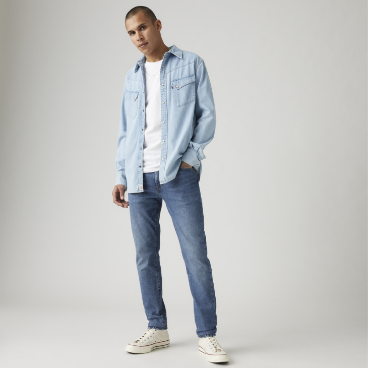 男款上寬下窄512低腰修身窄管牛仔褲/ 精工淺藍刷色水洗/ 彈性布料熱賣