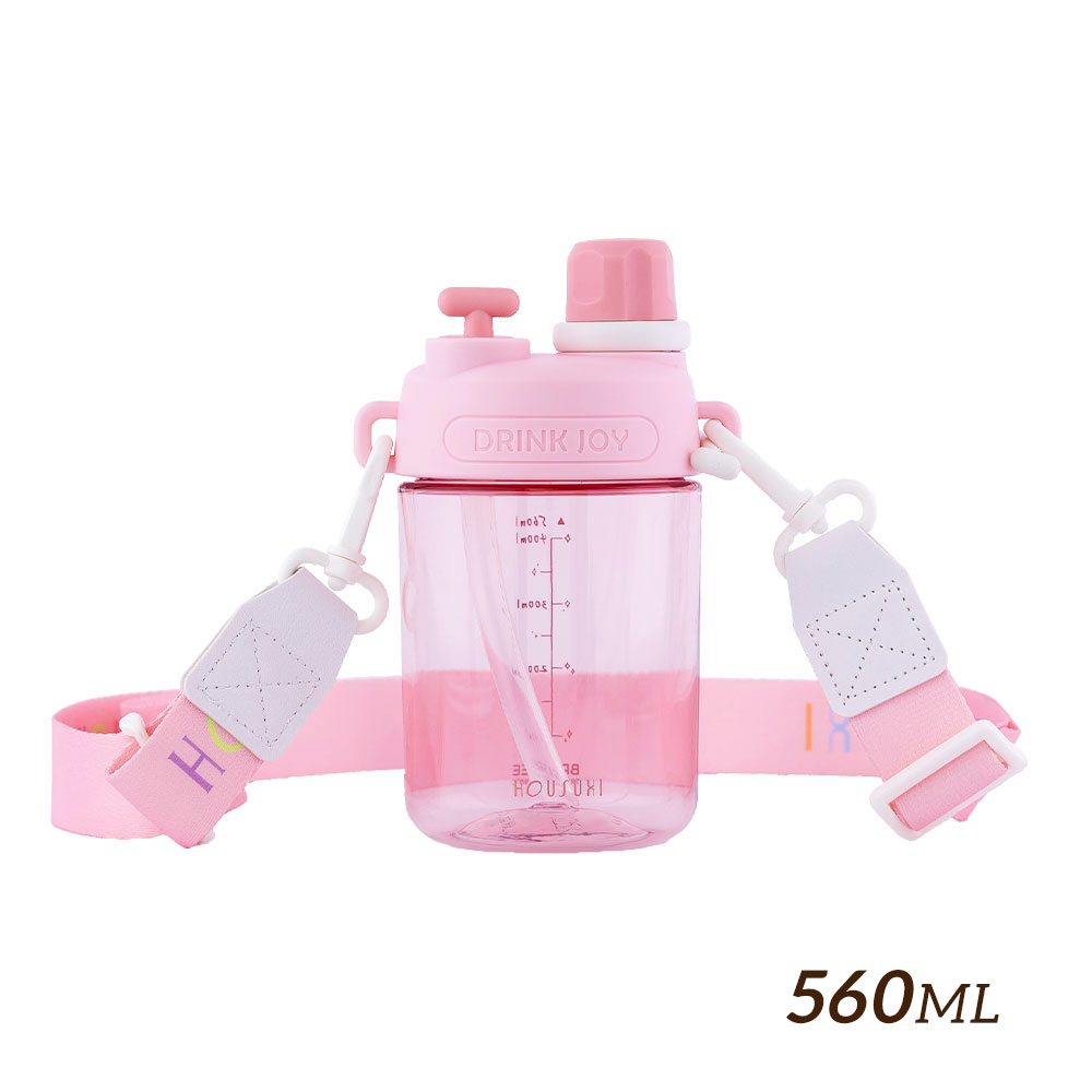 水注、扁平壺 HOUSUXI】Tritan雙飲口背帶水瓶560ml-淺粉