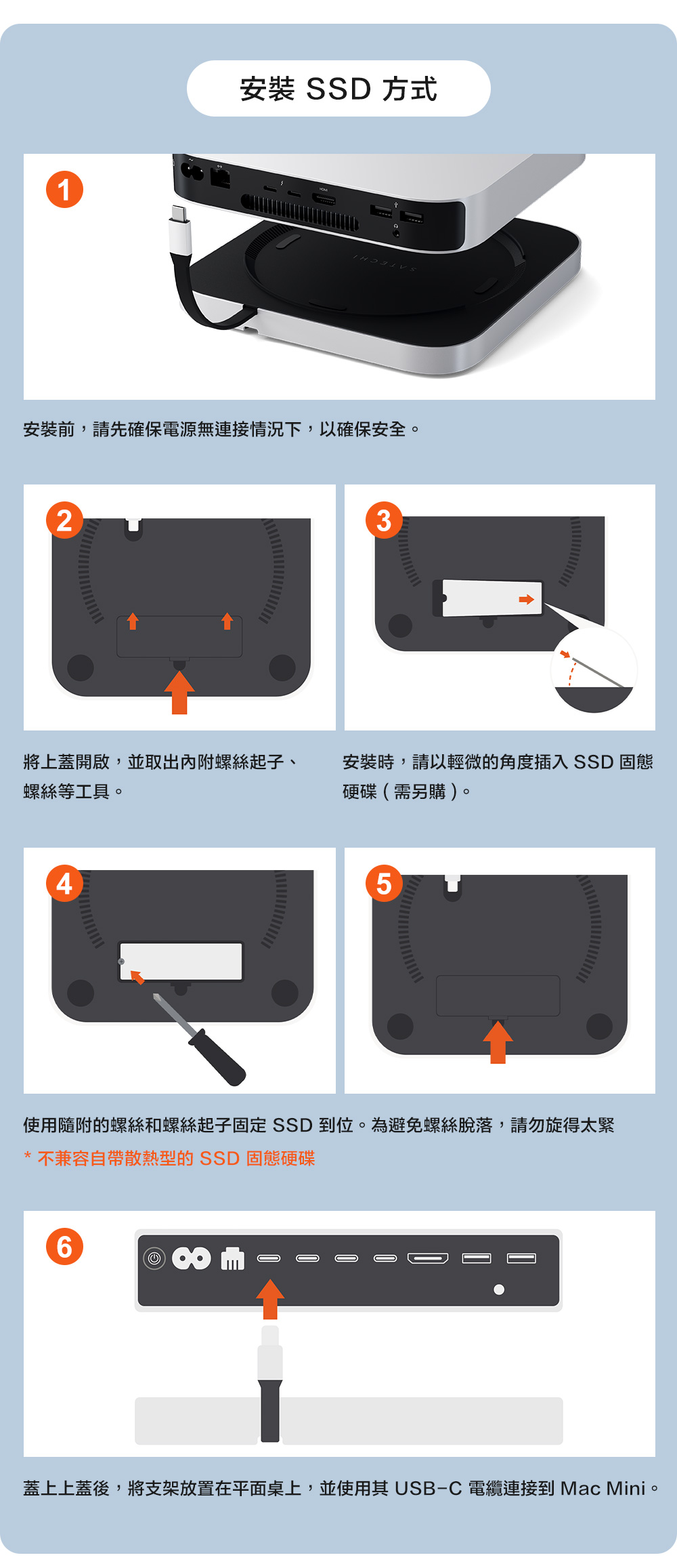 1安裝 SSD 方式安裝前,請先確保電源無連接情況下,以確保安全。23將上蓋開啟,並取出內附螺絲起子、螺絲等工具。安裝時,請以輕微的角度插入SSD 固態硬碟(需另購)。45使用隨附的螺絲和螺絲起子固定SSD到位。為避免螺絲脫落,請勿旋得太緊*不兼容自帶散熱型的SSD 固態硬碟6蓋上上蓋後,將支架放置在平面桌上,並使用其 USB-C 電纜連接到 Mac Mini。