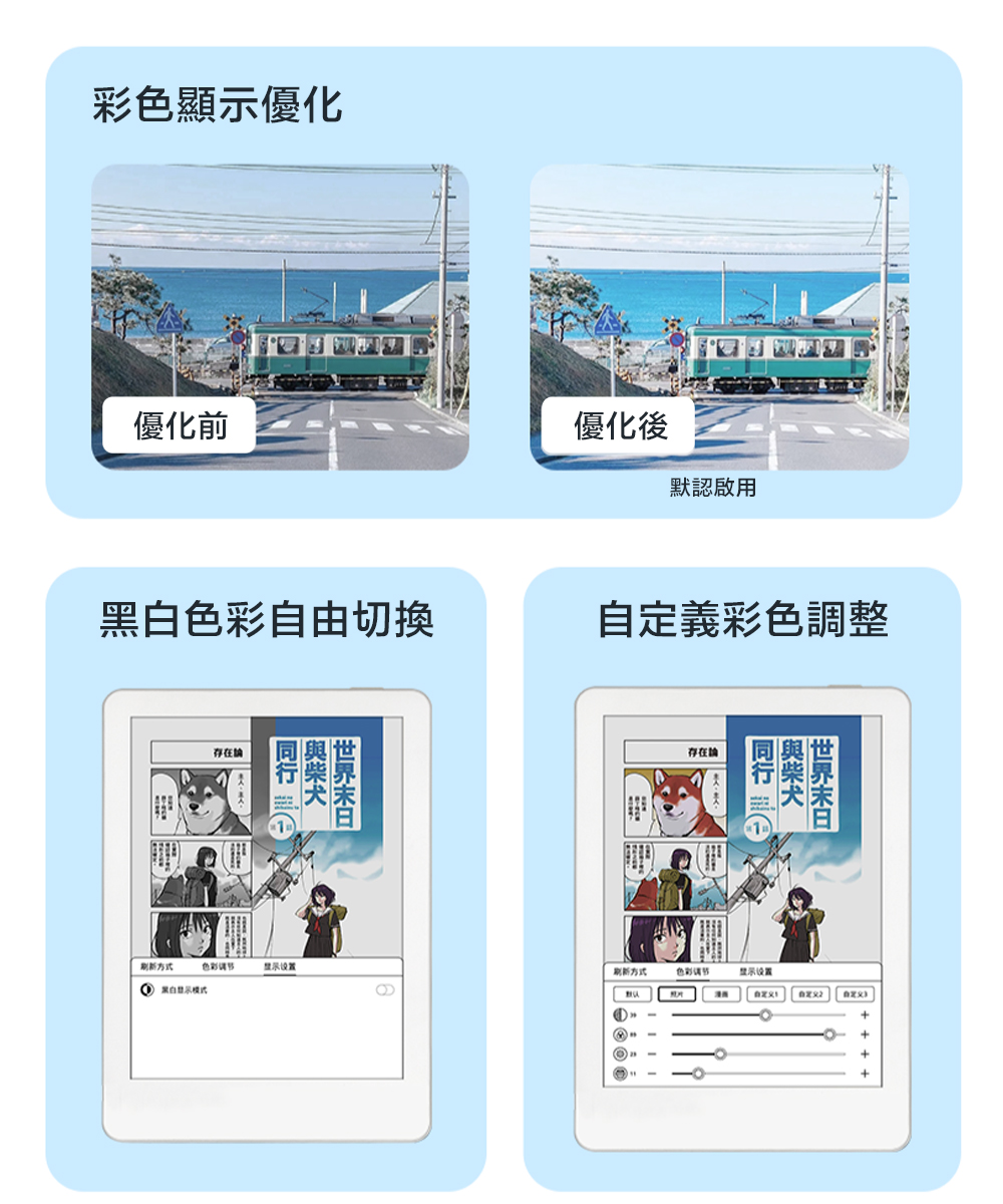 彩色顯優化優化前優化後默認啟用自由切換自定義彩色調整存在存在 色彩示++刷新方式黑白示