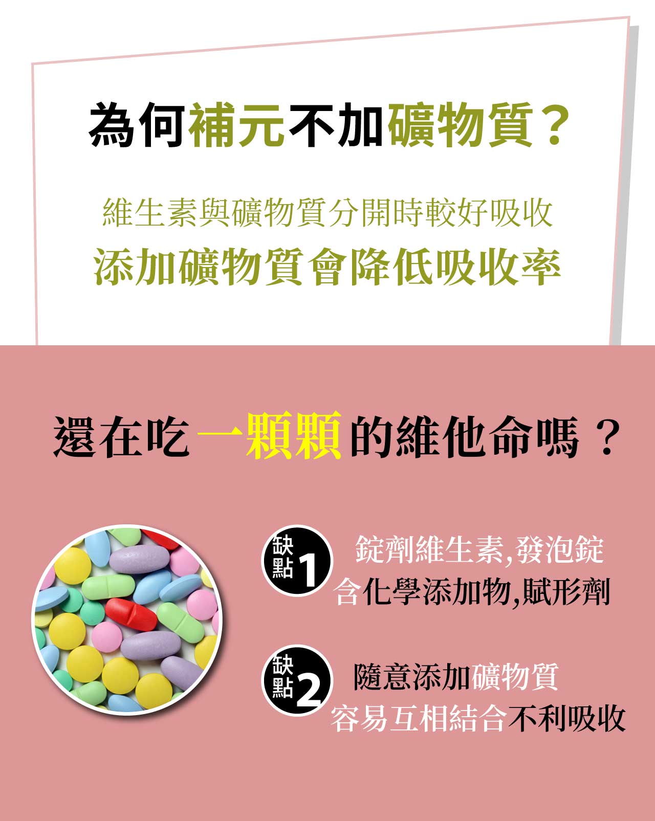 為何補元不加礦物質?維生素與礦物質分開時較好吸收添加礦物質會降低吸收率還在吃一顆顆的維他命嗎?點點錠劑維生素,發泡錠化學添加物,賦形劑隨意添加礦物質容易互相結合不利吸收