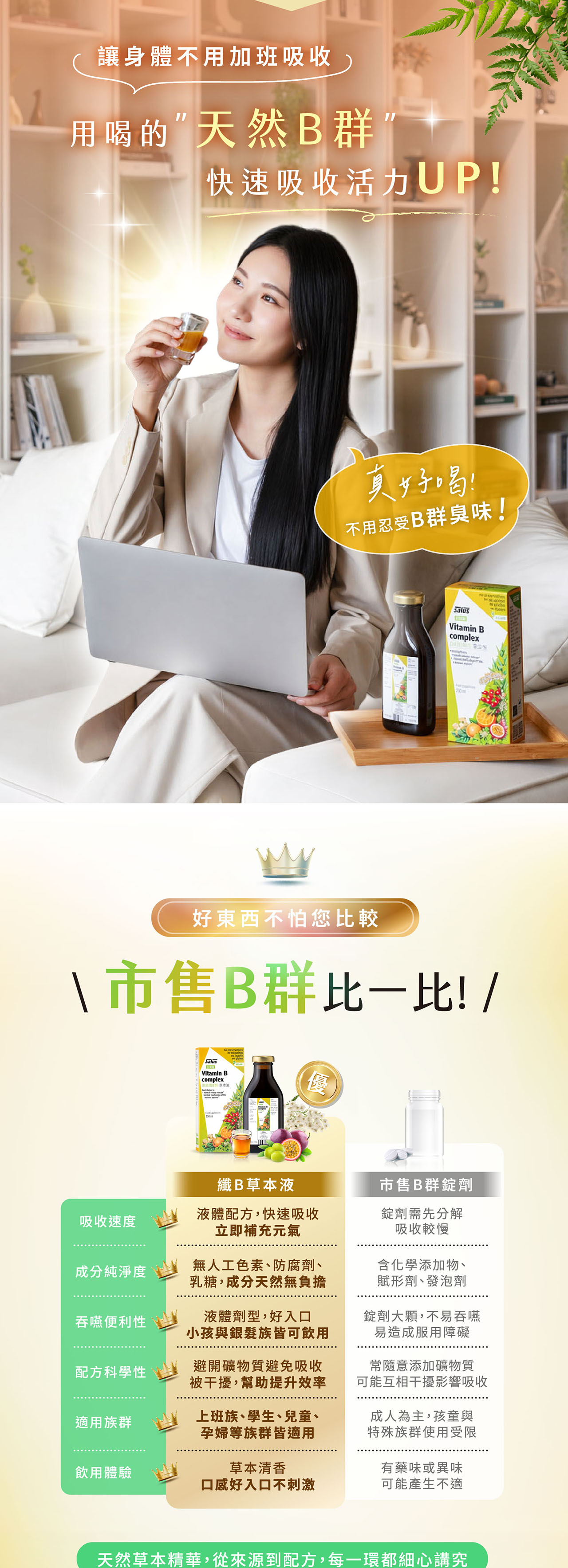 讓身體不用加班吸收用喝的天然B群快速吸收活力UP!真好喝!不用忍受B群臭味!Vitamin Bcomplex好東西不怕您比較\市售B群比一比! /SalusVitamin Bcomplex  草本液纖B草本液市售B群錠劑吸收速度液體配方,快速吸收立即補充元氣錠劑需先分解吸收較慢成分純淨度無人工色素防腐劑、乳糖,成分天然無負擔吞嚥便利性液體劑型,好入口小孩與銀髮族皆可飲用配方科學性避開礦物質避免吸收被干擾,幫助提升效率適用族群上班族、學生、兒童、孕婦等族群皆適用飲用體驗草本清香口感好入口不刺激含化學添加物、賦形劑、發泡劑錠劑大顆,不易吞嚥易造成服用障礙常隨意添加礦物質可能互相干擾影響吸收成人為主,孩童與特殊族群使用受限有藥味或異味可能產生不適天然草本精華,從來源到配方,每一環都細心講究
