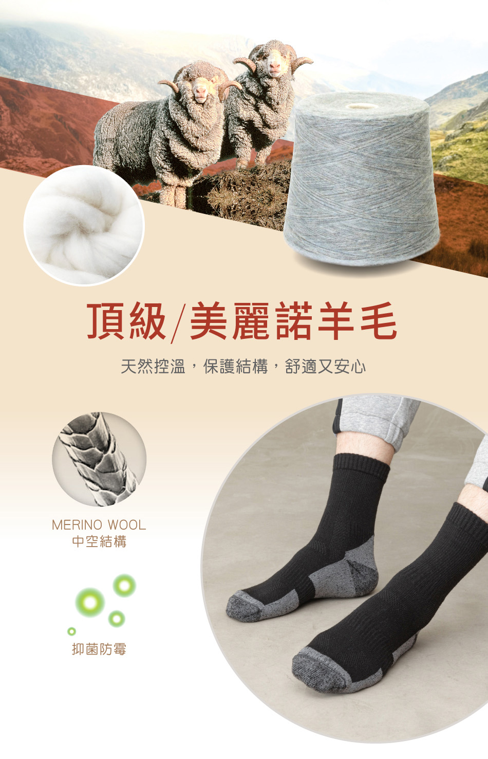 頂級/美麗諾羊毛天然控溫,保護結構,舒適又安心MERINO WOOL中空結構抑菌防霉