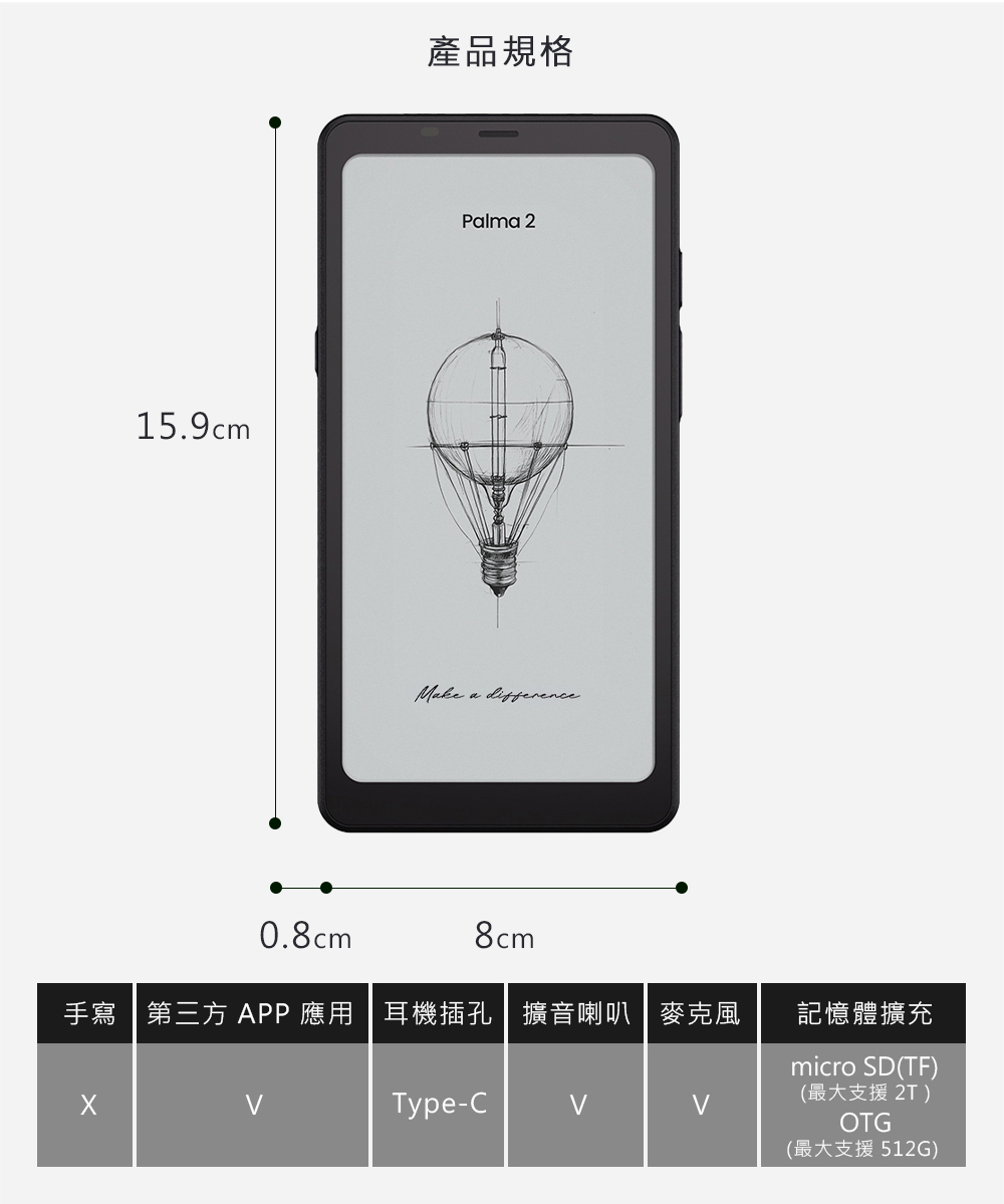 15.9cm產品規格Plma 2 a 0.8cm8cm手寫 APP 應用 耳機插孔擴音喇叭 麥克風記憶體擴充micro SD(TF)(最大支援 2T)Type-COTG(最大支援 512G)