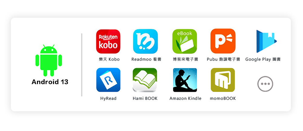 RakutenkoboeBook樂天 KoboReadmoo博客來電子書Pubu飽讀電子書 Google Play 圖書Android 13RHyReadHami BOOKAmazon KindlemomoBOOK