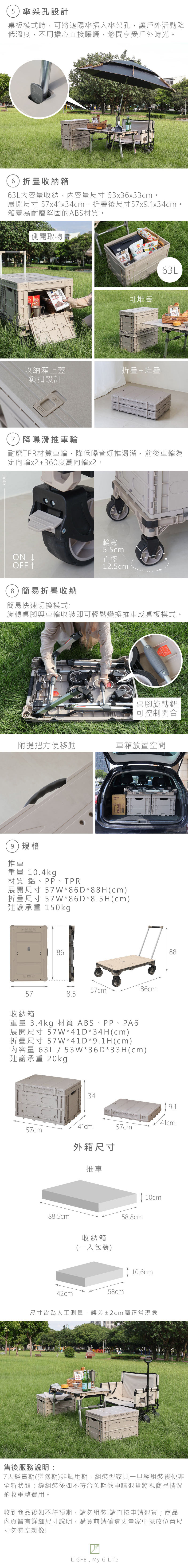 5)傘架孔設計桌板模式時可將遮陽傘插傘架孔,讓戶外活動降低溫度,不用擔心直接曝曬,悠閒享受戶外時光。6)折疊收納箱63L大容量收納,內容量尺寸53x36x33cm。展開尺寸 57x41x34cm折疊後尺寸57x9.1x34cm。箱蓋為耐磨堅固的AS材質。側開取物CHOCOLATEB可堆疊63L收納箱上蓋折疊+堆疊鎖扣設計OFFON7)降噪滑推車輪耐磨TPR材質車輪,降低噪音好推滑溜,前後車輪為定向輪x2+360度萬向輪x2。LigfeON OFF 8)簡易折疊收納簡易快速切換模式:輪寬5.5cm直徑12.5cm旋轉桌腳與車輪收裝即可輕鬆變換推車或桌板模式。桌腳旋轉鈕可控制開合附提把方便移動車箱放置空間9)規格推車重量 10.4kg材質 、PP、TPR展開尺寸 57W*86D*88H(cm)折疊尺寸 57W*86D*8.5H(cm)建議承重 150kg8657cm86cm578.5收納箱重量 3.4kg 材質ABS、PP、PA6展開尺寸 57W*41D*34H(cm)折疊尺寸 57W*41D*9.1H(cm)內容量 63L /53W*36D*33H(cm)建議承重 20kg348841cm41cm57cm57cm外箱尺寸推車88.5cm收納箱(一入包裝)58.8cm10cm10.6cm42cm58cm尺寸皆為人工測量,誤差±2cm屬正常現象售後服務說明:7天鑑賞期(猶豫期)非試用期,組裝型家具一旦經組裝後便非全新狀態;經組裝後如不符合預期欲申請退貨將視商品情況酌收重整費用。收到商品後如不符預期,請勿組裝!請直接申請退貨;商品內頁皆有詳細尺寸說明,購買前請確實丈量家中擺放位置尺寸勿憑空想像!LIGFE, My G Life