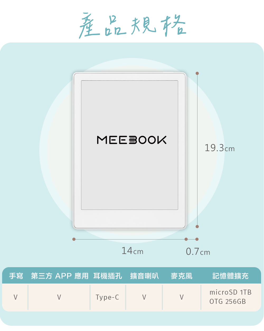產品規格MEE300K19.3cm14cm0.7cm手寫 第三方 APP應用 耳機插孔 擴音喇叭 麥克風記憶體擴充microSD 1TBType-COTG 256GB