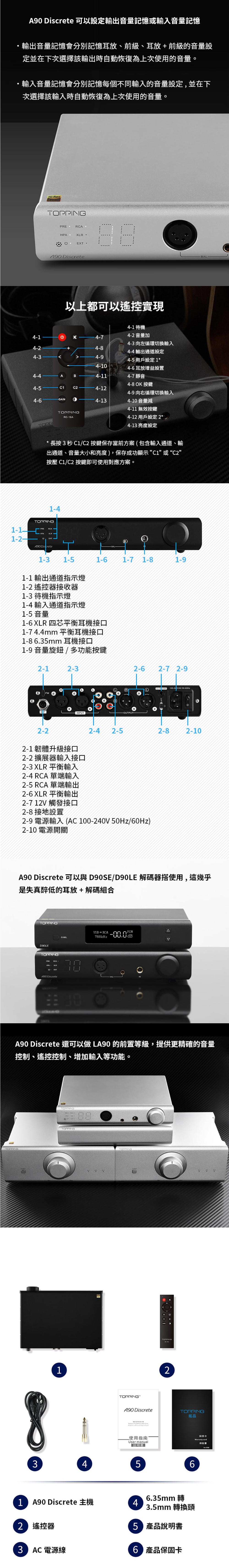 可以設定輸出音量記憶或輸入音量記憶輸出音量記憶會分別記憶耳放、前級、耳放+前級的音量設定並在下次選擇該輸出時自動恢復為上次使用的音量。輸入音量記憶會分別記憶每個不同輸入的音量設定,並在下次選擇該輸入時自動恢復為上次使用的音量。HiResAUDITPPINGPRE O ·A90 Discrete以上都可以遙控實現4- 待機4- 音量加4-14-74- 向左循環切換輸入4-24-84-34-94- 4-4AB4-114-4輸出通道設定4- 用戶設定 1*4-耳放增益設置4-7 靜音4-8 OK 按鍵4-5C24-124-9 向右循環切換輸入4-6GAIN4-134-10 音量4-11 無效按鍵RC-16ATOPP4-12 用戶設定 2*4-13亮度設定長按3秒C2 按鍵保存當前方案(包含輸入通道、輸出通道、音量大小和亮度),保存成功顯示”或“C2”按壓 C1/C2 按鍵即可使用對應方案。1-41-1A90 Discrete1-3 1-51-61-7 1-81-91-1 輸出通道指示燈1-2 遙控器接收器1-3待機指示燈1-4 輸入通道指示燈1-5 音量1-6 XLR 四芯平衡耳機接口1-74.4mm 平衡耳機接口1-86.35mm 耳機接口1-9音量旋鈕/多功能按鍵2-12-3EXTINPUTOUTPUT2-22-1韌體升級接口2-2 擴展器輸入接口2-3 XLR 平衡輸入2-4 RCA 單端輸入2-5 RCA 單端輸出2-4 2-52-6 XLR 平衡輸出2-7 12觸發接口2-8 接地設置BAL2-62-7 2-92-9 電源輸入(AC 100-240V 50Hz/60Hz)2-10 電源開關 2-82-10A90 Discrete 可以與 D90SE/D90LE 解碼器搭使用,這幾乎是失真醉低的耳放+解碼組合TOPPINGD90LETOPPINGΔUSB-RCAPCMO/-00.0V XLR EXTA90 DiscreteA90 Discrete 還可以做LA90的前置等級,提供更精確的音量控制、遙控控制、增加輸入等功能。10TOPPINGTOPPING1341 A90 Discrete 主機TOPPINGA90 DiscreteTOPPING2TOPPING拓品保修卡使用指南 cardUser manual保證 200856.35mm 轉463.5mm 轉換頭5 產品說明書2 遙控器3 AC電源線6 產品保固卡