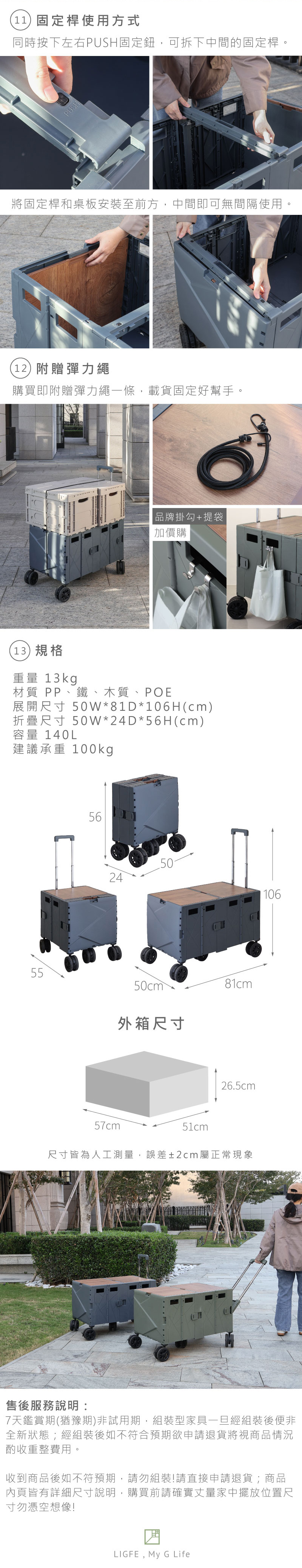 (11)固定桿使用方式同時按下左右PUSH固定鈕,可拆下中間的固定桿。PUSH將固定桿和桌板安裝至前方,中間即可無間隔使用。(12)附贈彈力繩購買即附贈彈力繩一條,載貨固定好幫手。|品牌掛勾+提袋加價購(13)規格重量 13kg材質 PP、鐵、木質、POE展開尺寸 50W*81*106H(cm)折疊尺寸 50W*24*56H(cm)容量 140L建議承重 100kg5556245050cm外箱尺寸81cm26.5cm57cm51cm尺寸皆為人工測量,誤差±2cm屬正常現象106售後服務說明:7天鑑賞期(猶豫期)非試用期,組裝型家具一旦經組裝後便非全新狀態;經組裝後如不符合預期欲申請退貨將視商品情況酌收重整費用。收到商品後如不符預期,請勿組裝!請直接申請退貨;商品內頁皆有詳細尺寸說明,購買前請確實丈量家中擺放位置尺寸勿憑空想像!LIGFE,My G Life
