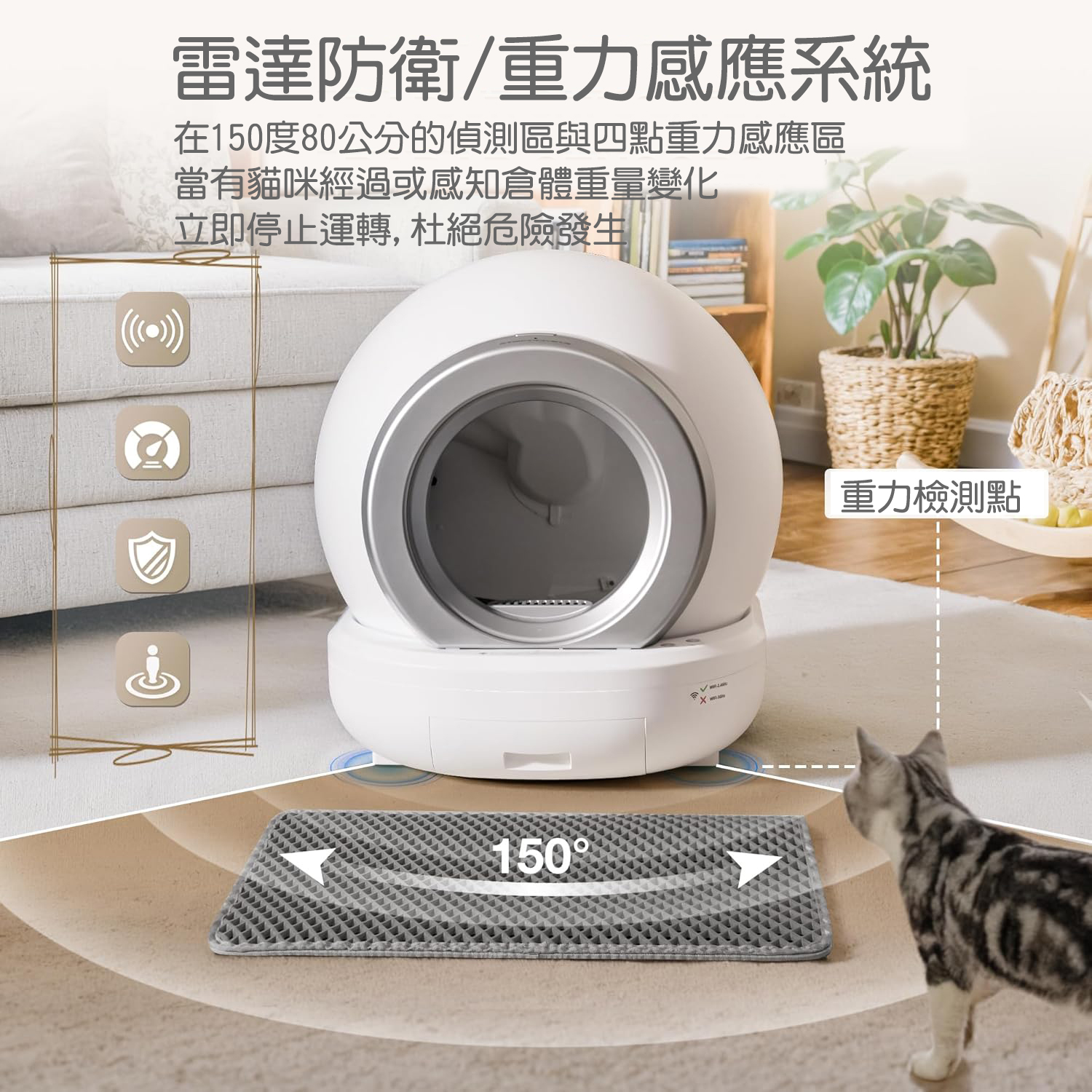 雷達防衛重力感應系統在150度80公分的偵測區與四點重力感應區當有貓咪經過或感知倉體重量變化立即停止運轉,杜絕危險發生150重力檢測點