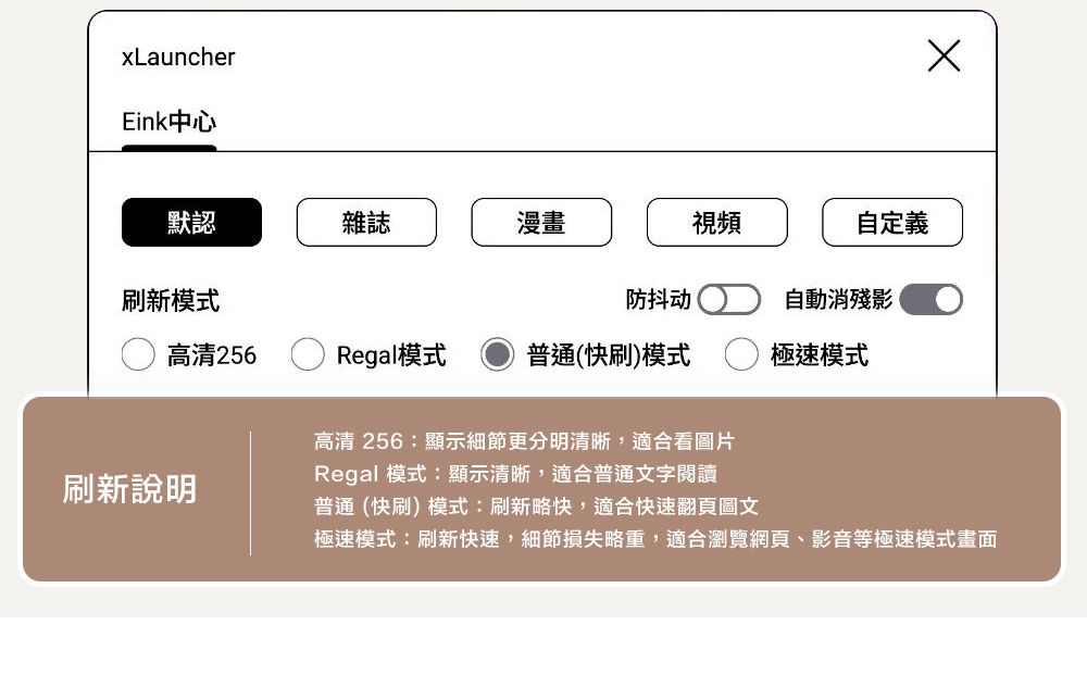 xLauncherEink中心默認雜誌漫畫視頻自定義刷新模式防抖动自動消殘影高清256Regal模式普通(快刷)模式極速模式刷新說明高清 256:顯示細節更分明清晰,適合看圖片Regal 模式:顯示清晰,適合普通文字閱讀普通(快刷)模式:刷新略快,適合快速翻頁圖文極速模式:刷新快速,細節損失略重,適合瀏覽網頁影音等極速模式畫面