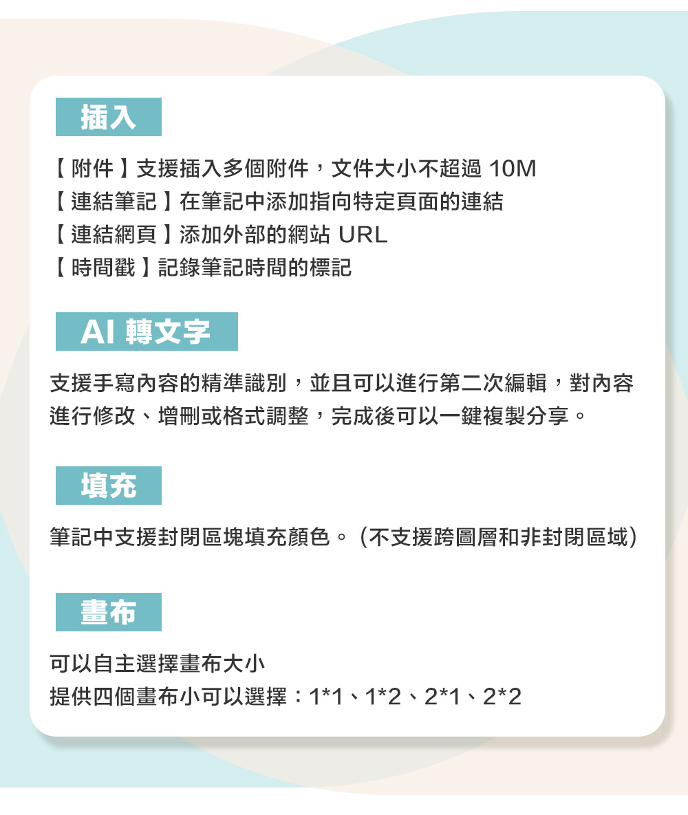 插入附件支援插入多個附件,文件大小不超過 10M【連結筆記】在筆記中添加指向特定頁面的連結【連結網頁】添加外部的網站 URL【時間戳】記錄筆記時間的標記 文字支援手寫內容的精準識別,並且可以進行第二次編輯,對內容進行修改、增刪或格式調整,完成後可以一鍵複製分享。填充筆記中支援封閉區塊填充颜色。(不支援跨圖層和非封閉區域)畫布可以自主選擇畫布大小提供四個畫布小可以選擇:1*1、1*2、2*1、2*2