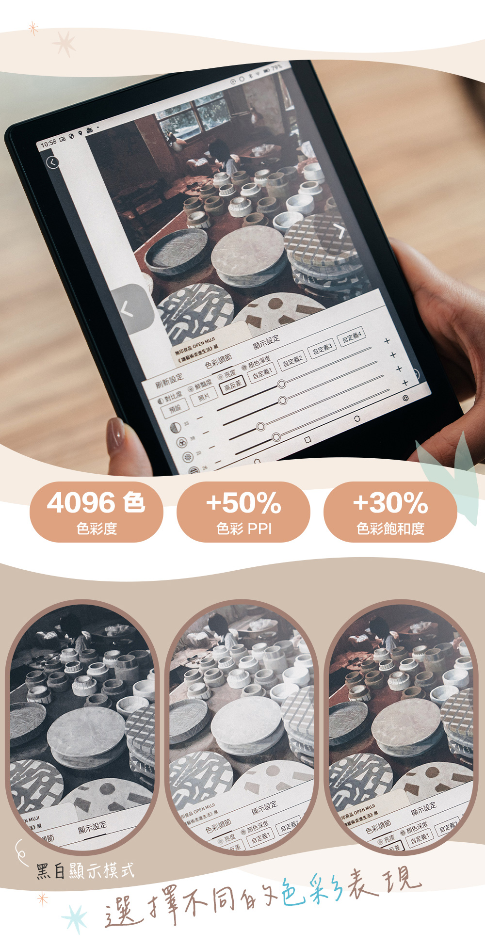 N 10:58 4096色彩度無印良品 OPEN MUJI《讓走生活刷新設定色彩調顯示設定對比度 鮮豔度預設照片④高 色深度自定義1自定義2自定義3自定義450%色彩 PPI☐30%色彩飽和度節顯示設定白顯示模式黑印良品 OPEN MUJI生活展色彩調節顯示設定亮度色 深度反差自定義1 自定義2印良品 OPEN MUJI藝術生活展色彩調節顯示設定④亮度顏色深度反差自定義1*選擇不同的色彩表現自定義