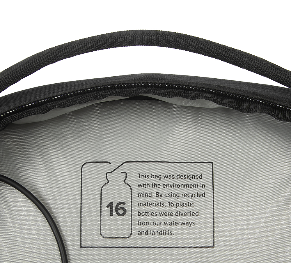 This bag was designedwith the environment inmind By using recycledmaterials 16 plasticbottles were diverted16from our waterwaysand landfills.
