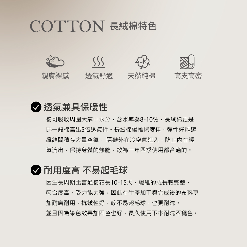 HIGH DENSITY超高密度織造1平方400織紗80支線紗400織編織 密實耐用「織數」是指每平方英寸縱緯線的總數織數越高表示布料編織的越密集越扎實,寢具布料質感更好,更耐用耐洗、不易起毛球,打造兼具美感與機能的頂級舒適睡眠。80支紗線 細膩光滑「支數」用以衡量布料的細緻度,1重纖維拆解的越多支,表示紗線越精細,觸感越細緻。高規格的80支細紗纖維,布料觸感更細緻滑順、透氣、輕薄且自帶光澤的高質感面料