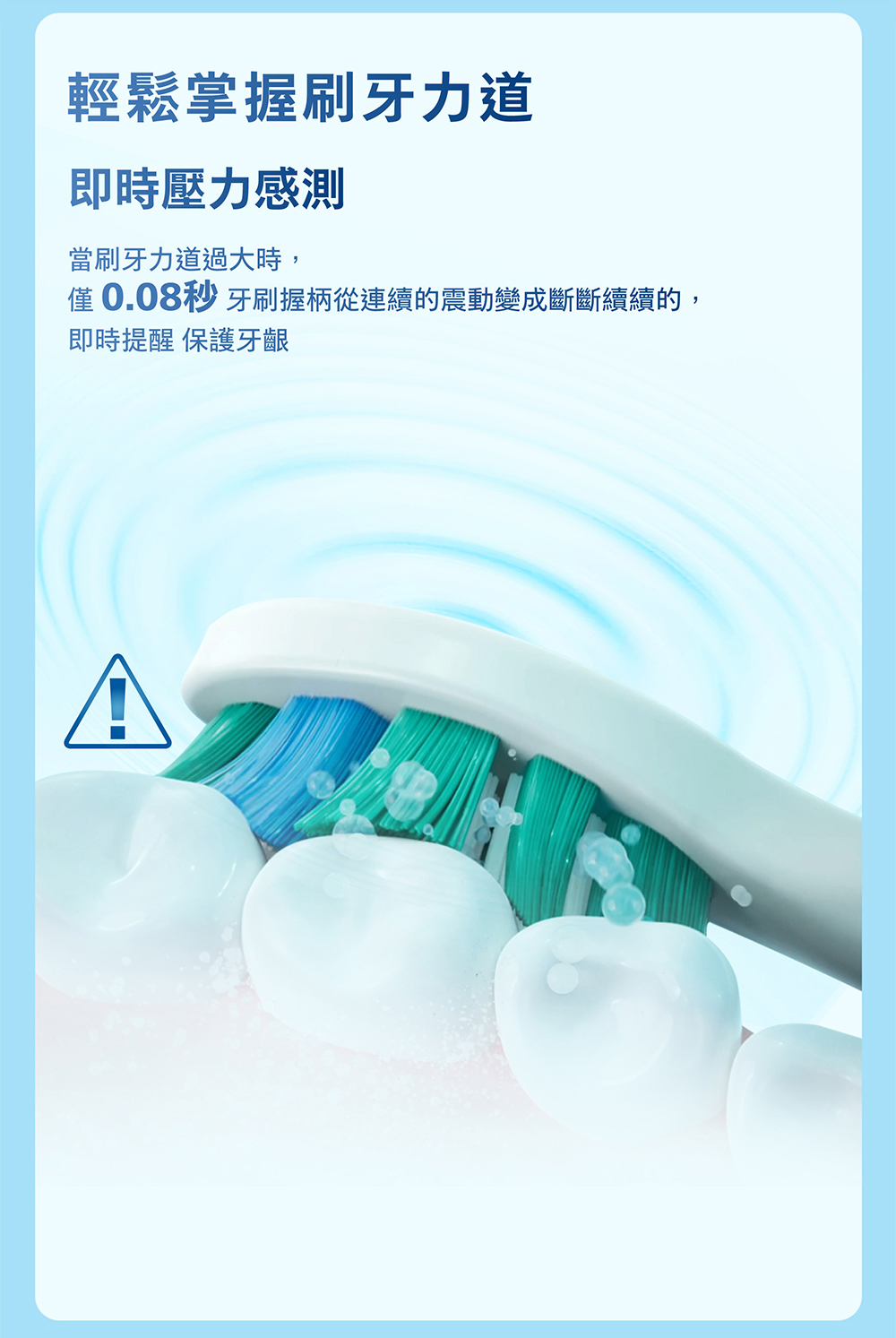 輕鬆掌握刷牙力道即時壓力感測當刷牙力道過大時,僅0.08秒 牙刷握柄從連續的震動變成斷斷續續的,即時提醒 保護牙齦A