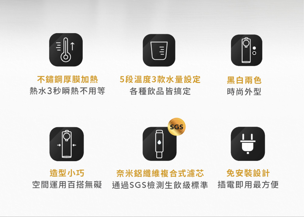 不鏽鋼厚膜加熱熱水3秒瞬熱不用等5段溫度3款水量設定各種飲品皆搞定黑白兩色時尚外型SGS造型小巧奈米纖維複合式濾芯免安裝設計空間運用百搭無礙 通過SGS檢測生飲級標準插電即用最方便