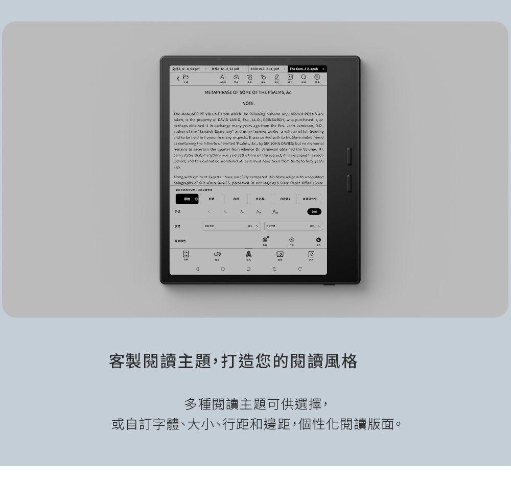 The iAMETAPHRASE OF SOME OF THE PSALMS NOTEThe MANUSRPT VOLUME from whih the following hitherto unpublished is the property DAVID LAING EDINBURGH who purchsed it it in exchange many years ago from the Jamieson author the Scottish Dictionary and other learned worksa scholar of full learningand to be held in hour in many respects It was parted with to his likeminded friendas containing the hitherto unprinted Psalms &c by JOHN but no remains to ascertain the quarter from whence Jamieson obtained the Volume. Mr.Laing states that anything was said at the time on the subject it has escaped his lection and this cannot be wondered at, as it must have been from thirty to forty years with eminent Experts I have carefully compared this Manuscript with undoubtedholographs of SIR JOHN , preserved in Her Majestys State Paper Office StateACC客製閱讀主題,打造您的閱讀風格多種閱讀主題可供選擇,或自訂字體、大小小行距和邊距,個性化閱讀版面。