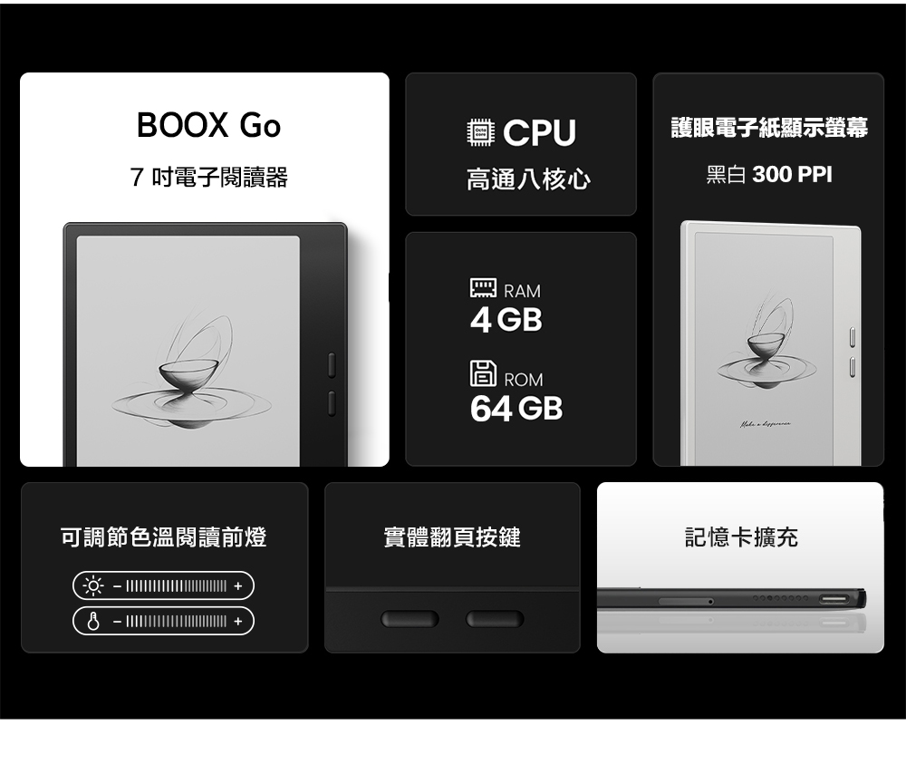 BOOX CPU7吋電子閱讀器高通八核心4GBROM護眼電子紙顯示螢幕黑白 300 PPI64 GB 可調節色溫閱讀前燈實體翻頁按鍵記憶卡擴充