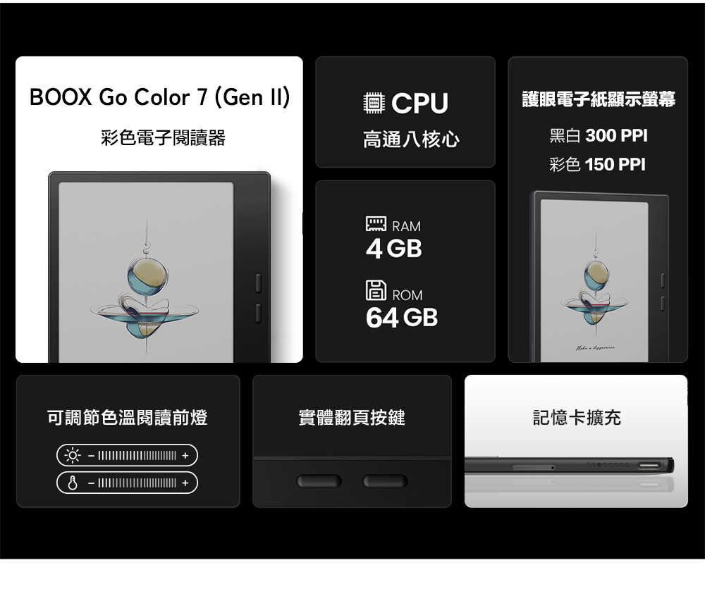 BOOX Go Color 7 (Gen II)彩色電子閱讀器CPU護眼電子紙顯示螢幕高通八核心黑白 300 PPI彩色 150 PPI4GBROM64 GB可調節色溫閱讀前燈實體翻頁按鍵記憶卡擴充