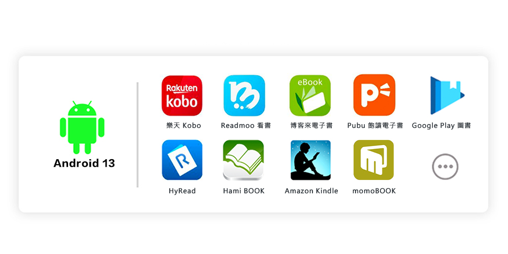 RakutenBeBook樂天 KoboReadmoo博客來電子書Pubu飽讀電子書 Google Play 圖書Android 13RHyReadHami BOOKAmazon KindlemomoBOOK