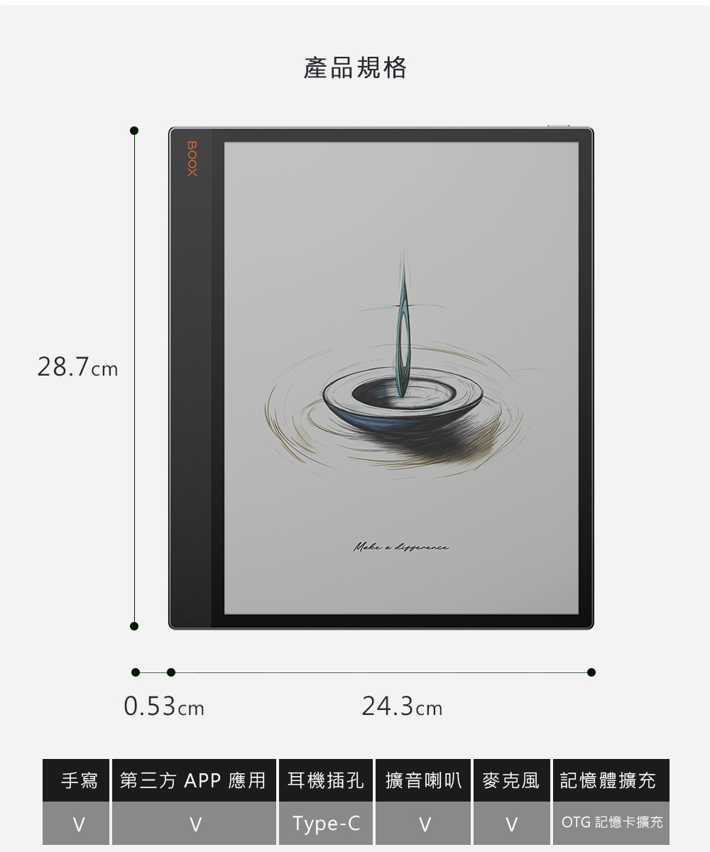 28.7cmBOOX0.53cm產品規格Make a 24.3cm手寫 第三方 APP 應用  耳機插孔擴音喇叭麥克風記憶體擴充Type-COTG 記憶卡擴充