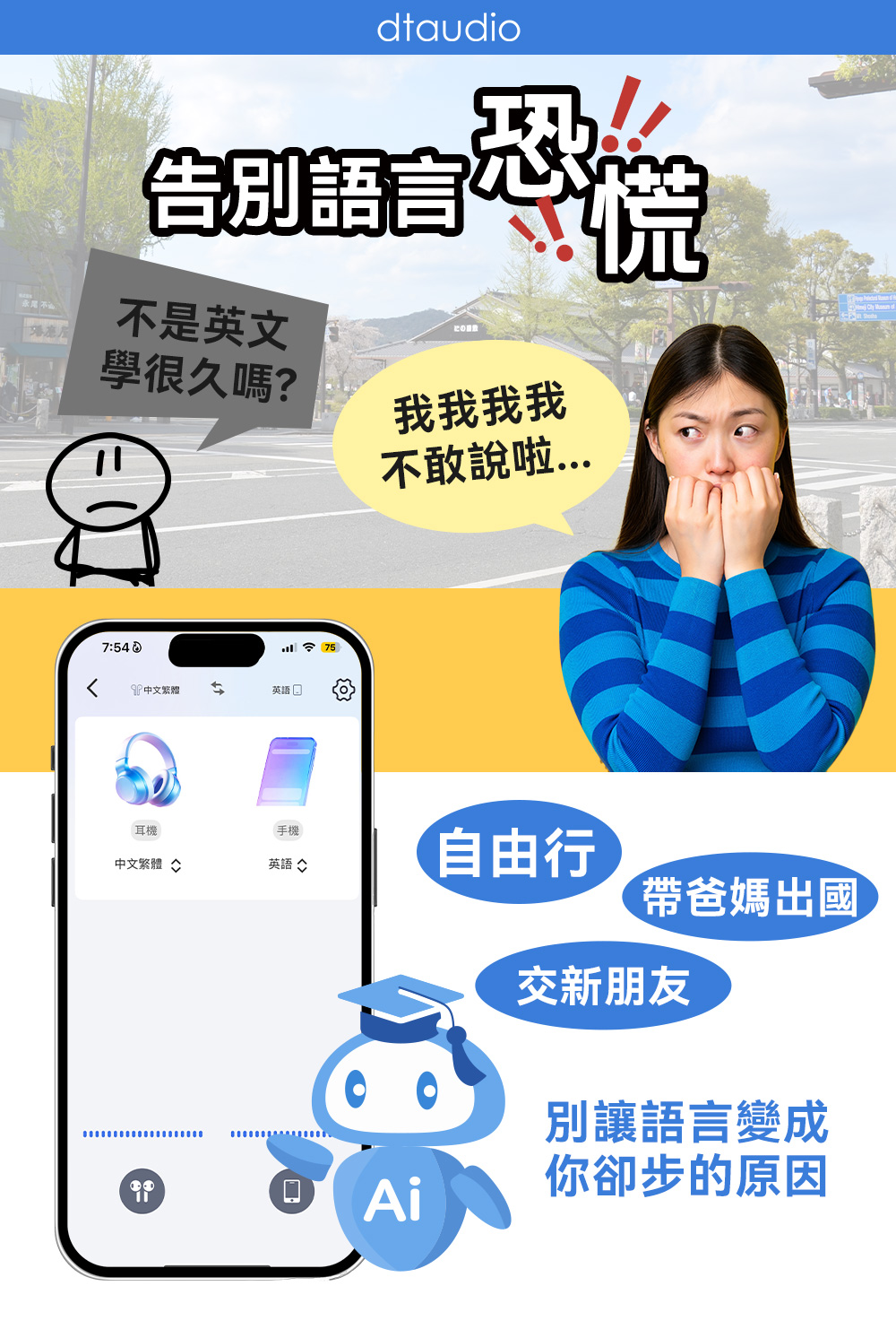 dtaudio告別語言不是英文學很久嗎?7:54繁體英語耳機手機中文繁體英語 ◇75我我我我不敢說啦Ai自由行帶爸媽出國交新朋友別讓語言變成你卻步的原因