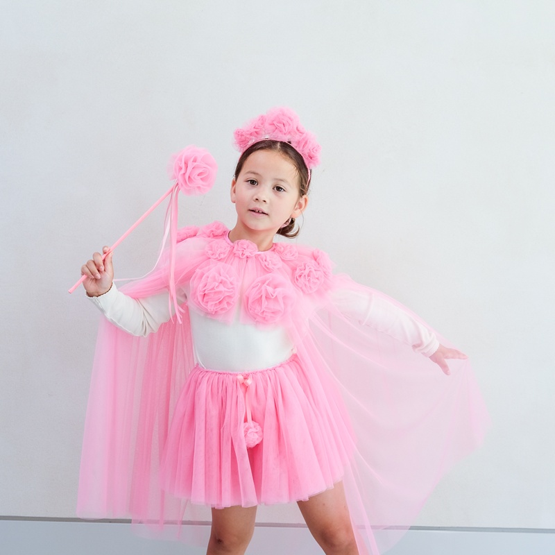 英國Mimi & Lula_AW25_變裝派對_蕾絲粉紅花朵紗質披風