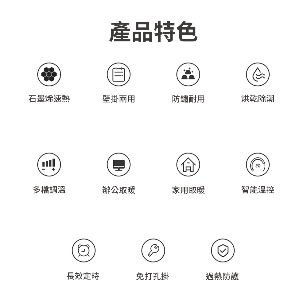 產品特色石墨烯速熱壁掛兩用防鏽耐用烘乾除潮+20多檔調溫辦公取暖家用取暖智能溫控長效定時免打孔掛過熱防護