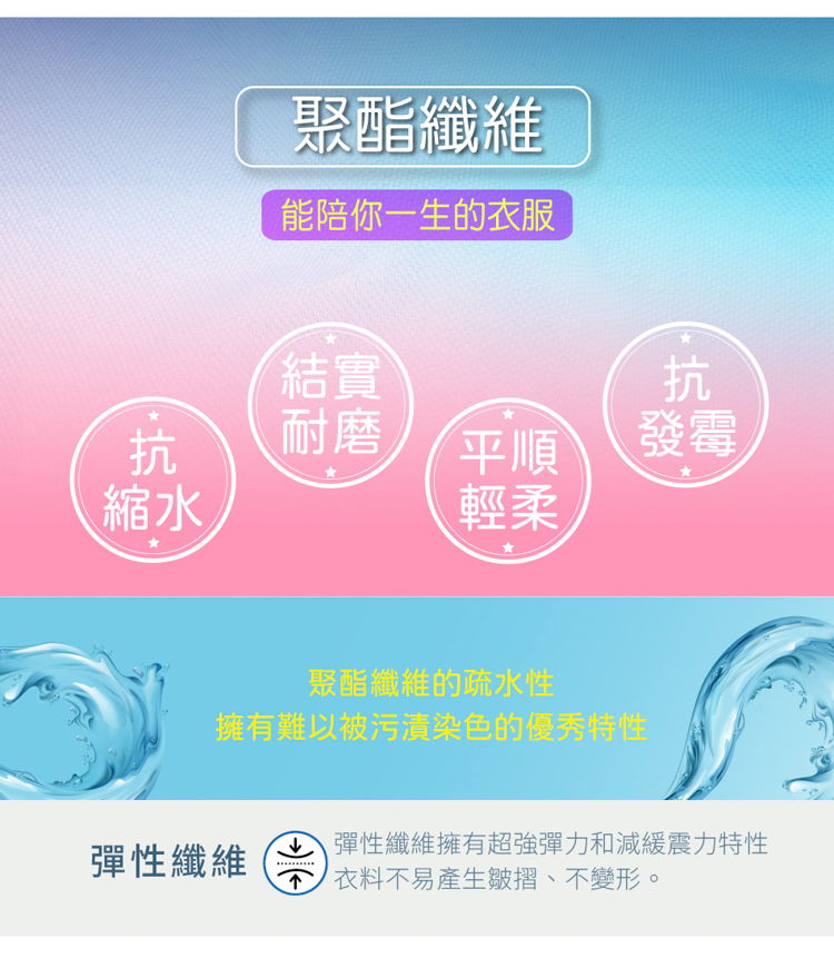聚酯纖維能陪你一生的衣服結實抗抗耐磨平順發霉縮水輕柔彈性纖維聚酯纖維的疏水性擁有難以被污漬染色的優秀特性彈性纖維擁有超強彈力和減緩震力特性衣料不易產生皺摺、不變形。