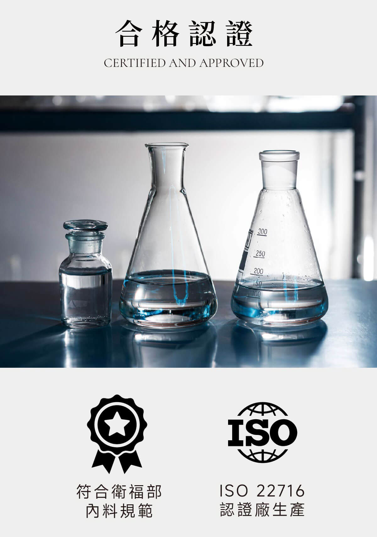 合格認證CERTIFIED AND APPROVED符合衛福部料規範300250200150ISOISO 22716認證廠生產