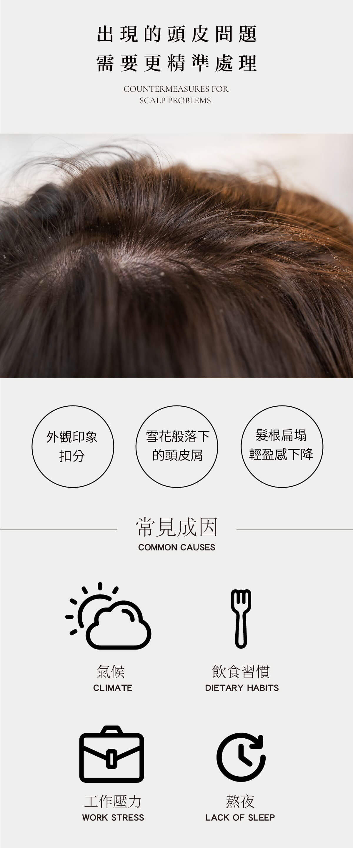 出現的頭皮問題需要更精準處理COUNERMEASURES FORSCALP PROBLEMS.外觀印象雪花般落下髮根扁塌扣分的頭皮屑輕盈感下降常見成因COMMON CAUSES氣候CLIMATET飲食習慣DIETARY HABITS工作壓力WORK STRESS熬夜LACK OF SLEEP