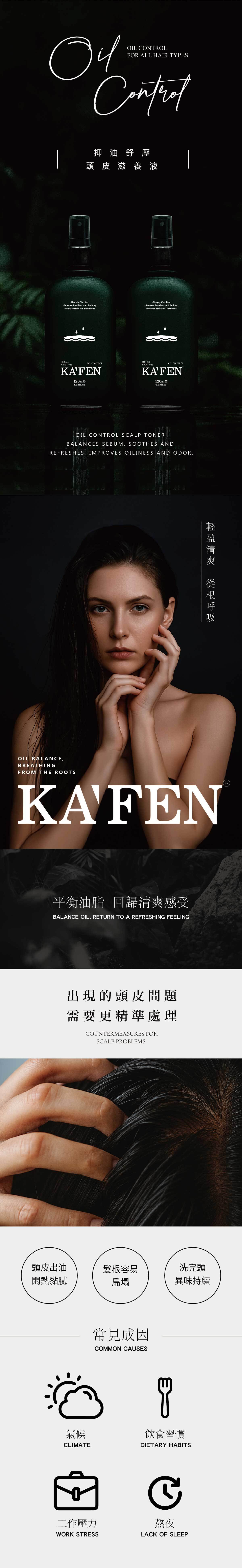ONTOLFOR ALL HAIR TYES04抑油舒壓頭皮滋養液-Deeply Clarifies-Remove Resident and Buildup-Prepare Hair For Treatment-Deeply Clarifies-Remove Resident and Buildup-Prepare Hair For TreatmentFOR ALLHAIR TYPES CONTROL423fl.oz.FOR ALLHAIR TYPESOIL CONTROLKAFEN120mle4.23fl.oz. CONTROL SCALP TONERBALANCES SEBUM SOOTHES ANDREFRESHES, IMPROVES OILINESS AND ODOR.POIL BALANCE,BREATHINGFROM THE ROOTSKAFEN平衡油脂 回歸清爽感受BALANCE OIL, RETURN TO A REFRESHING FEELING出現的頭皮問題需要更精準處理COUNTERMEASURES FORSCALP PROBLEMS.R頭皮出油髮根容易洗完頭悶熱黏膩扁塌異味持續氣候CLIMATE常見成因COMMON CAUSES工作壓力WORK STRESS飲食習慣DIETARY HABITSC熬夜LACK OF SLEEP