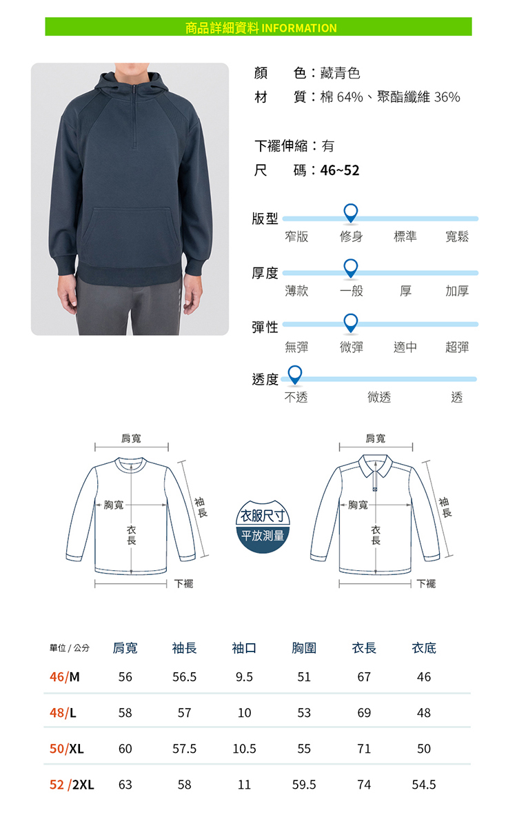 商品詳資料 INFORMATION肩寬胸寬顏色藏青色材 質:棉 64、聚酯纖維 36%:尺碼:2版型窄版 修身標準寬鬆厚薄款一般厚加厚性無彈適中彈度不微透尺寸)平放測量肩寬~胸寬透下擺單位 / 公分肩寬袖長46/M5656.5細 袖口胸圍長 衣9.551675 464648/L/XL52/2XL585753691055714850501159.57454.56057.510.56358