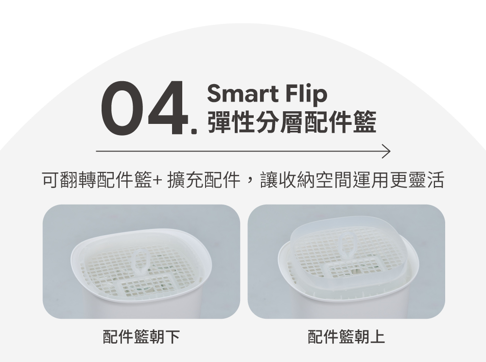 Combi Lumi Smart Flip 彈性分層配件籃設計,上下翻轉靈活配置收納空間
