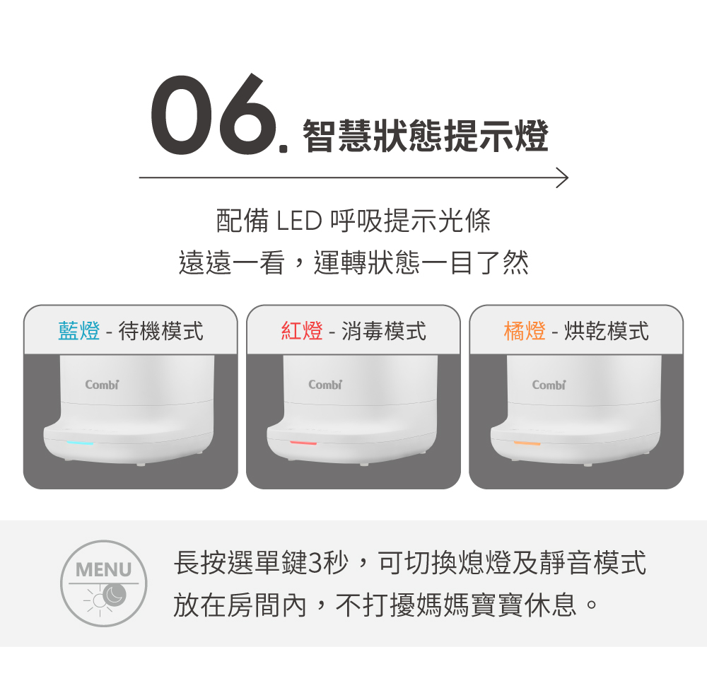 Combi Lumi 智慧狀態提示燈,LED呼吸燈顯示待機、消毒與烘乾模式