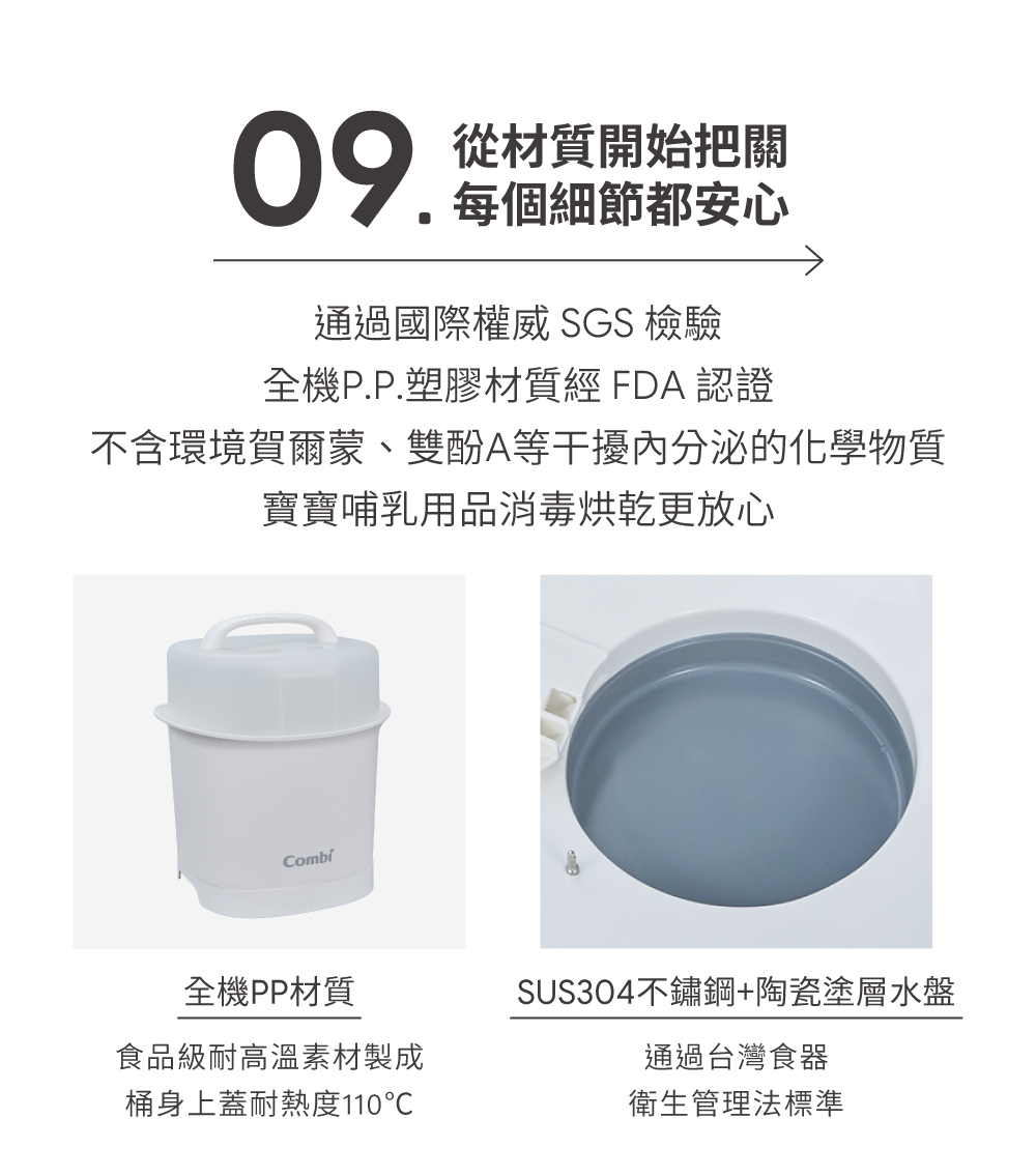 Combi Lumi 全機食品級PP材質與SUS304不鏽鋼,通過SGS與FDA安全檢驗