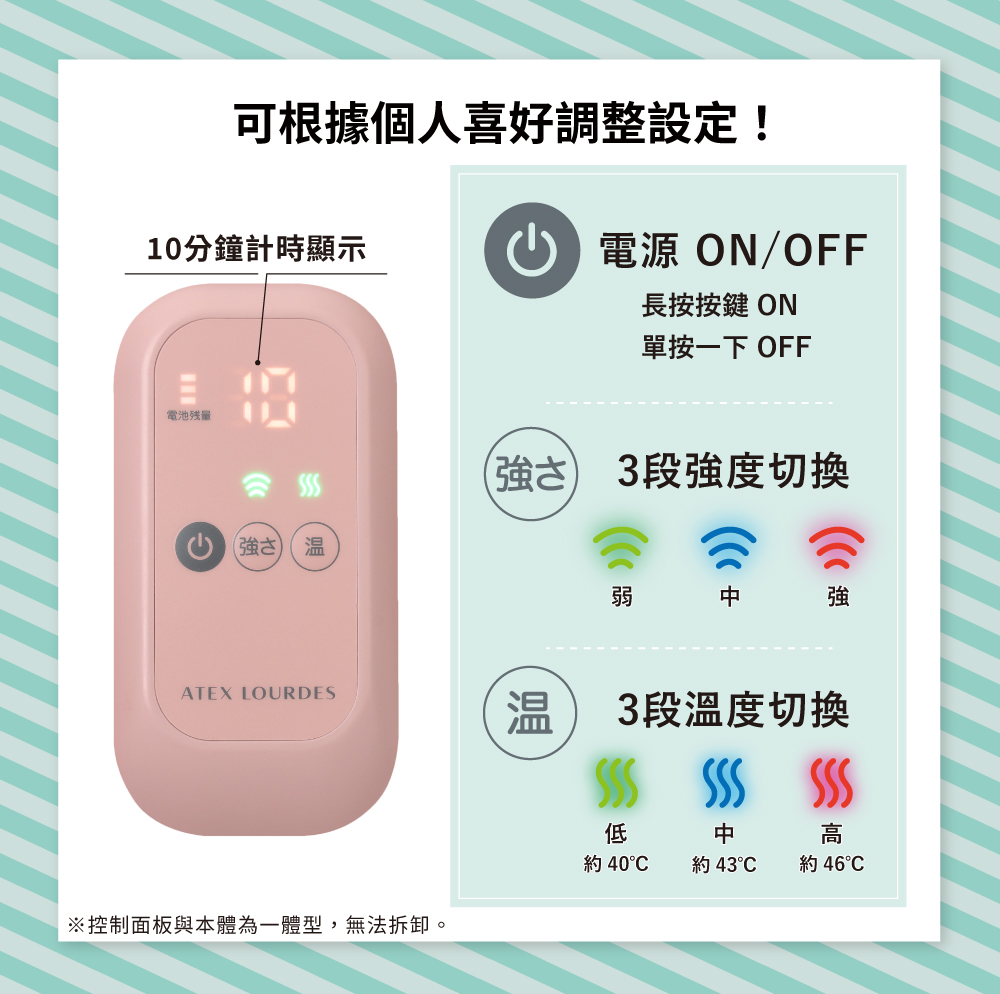 可根據個人喜好調整設定!10分鐘計時顯示電池残量強電源 ON/OFF長按按鍵 ON單按一下 OFF強 3段強度切換弱強ATEX LOURDES温 3段溫度切換 SSS低高 40  43C 46C控制面板與本體為一體型,無法拆卸。