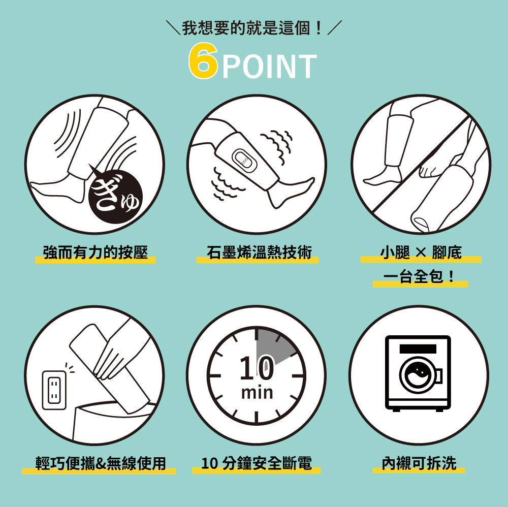 \我想要的就是這個!/③POINTぎゆ強而有力的按壓石墨烯溫熱技術min小腿  腳底一台全包!10輕巧便攜&無線使用 10分鐘安全斷電可拆洗
