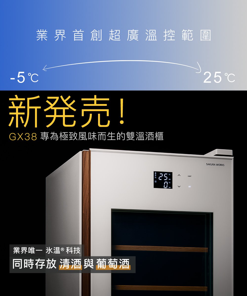 -5業 界 首 創超廣溫控範 圍新発売!GX38 專為極致風味而生的雙溫酒櫃25業 界 唯 一 ®科技同時存放 清 酒與葡 萄 酒SAKURA WORKS