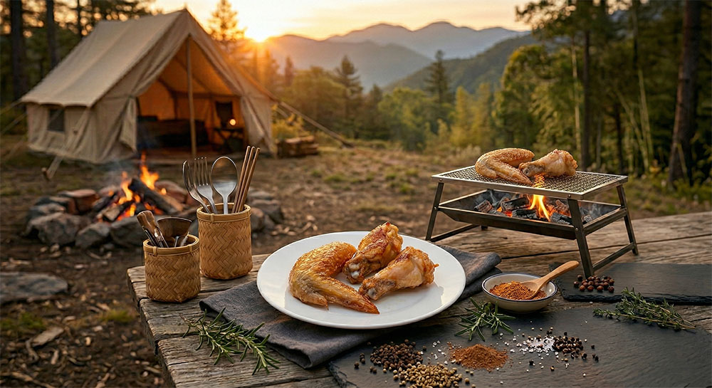 戶外露營炭火直烤黑羽土雞三節翅，表皮金黃焦香、肉汁流出的美味瞬間。