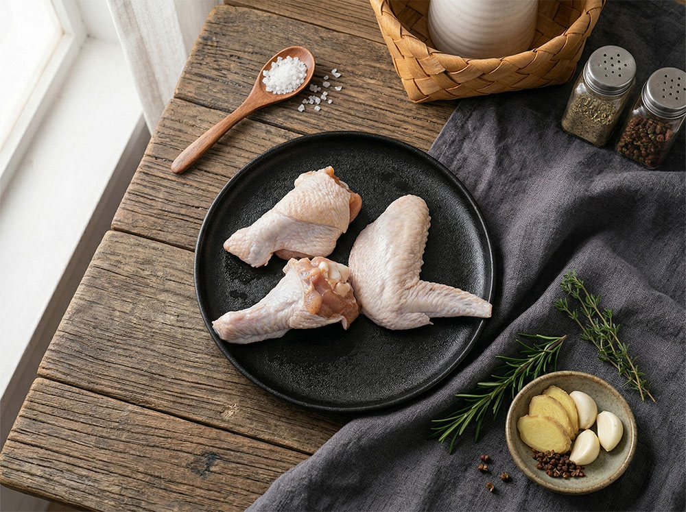 使用氣炸鍋料理的黑羽土雞三節翅，呈現如居酒屋般酥脆的外皮與撒上胡椒鹽的質感。