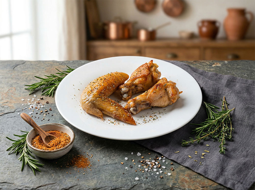 黑羽土雞三節翅近拍，展示土雞特有的結實肉質纖維與豐富的膠原蛋白。