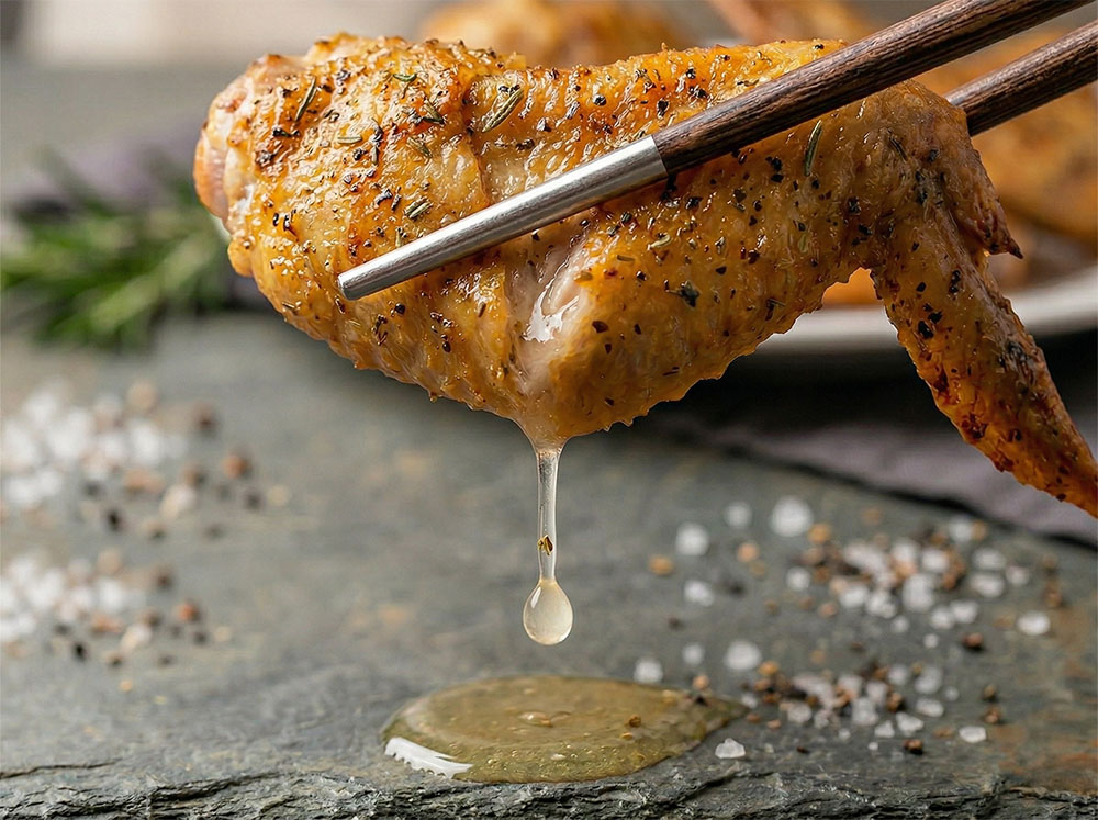 金黃酥脆的烤雞翅流下鮮美的雞汁。